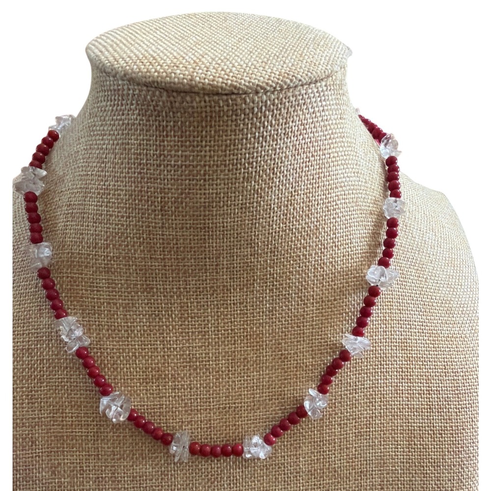 Red Round Bead and Clear Quartz Crystal Chip Necklace Silver Tone Clasp Layering